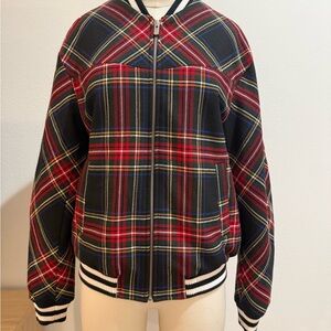 Maje Red and Black Plaid Bomber Jacket